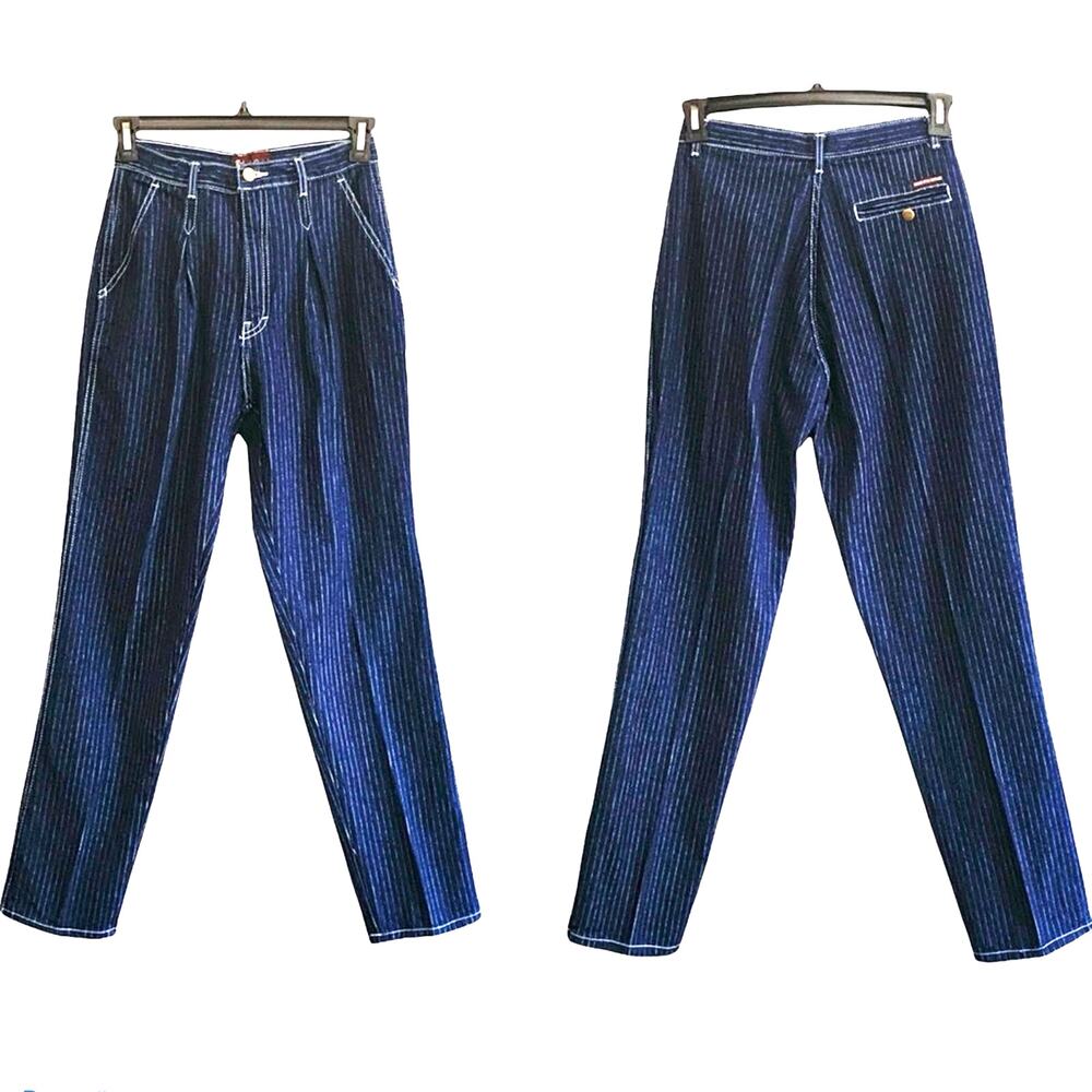 Vintage Pinstripe Jeans Size 9/10 Roberto Orsini Pleated High Waist D Ring Belt